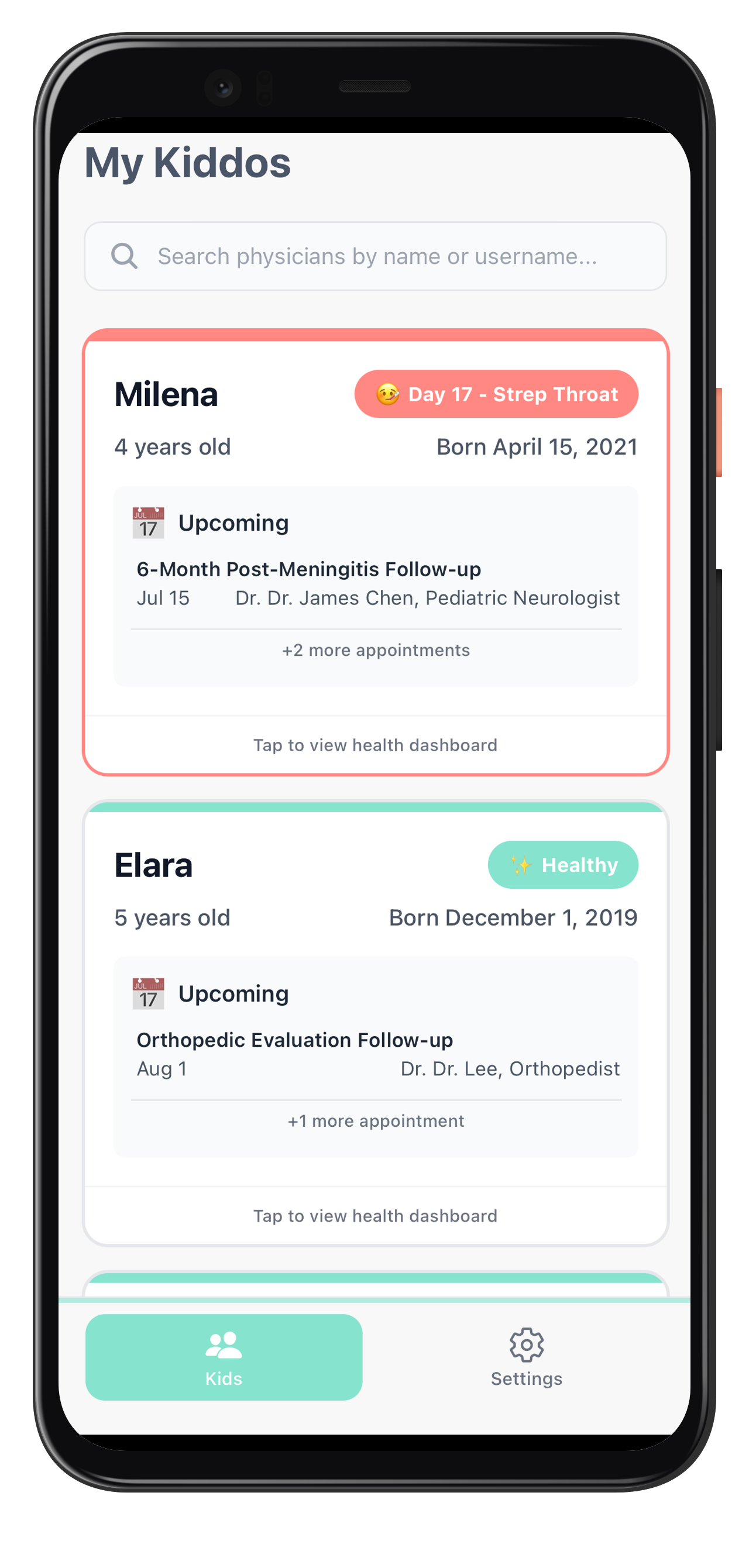 MyKiddos Health Dashboard showing illness tracking timeline